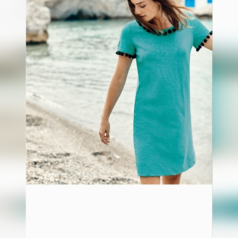 Boden Aqua Shift Mini Dress with Black Pom Trim